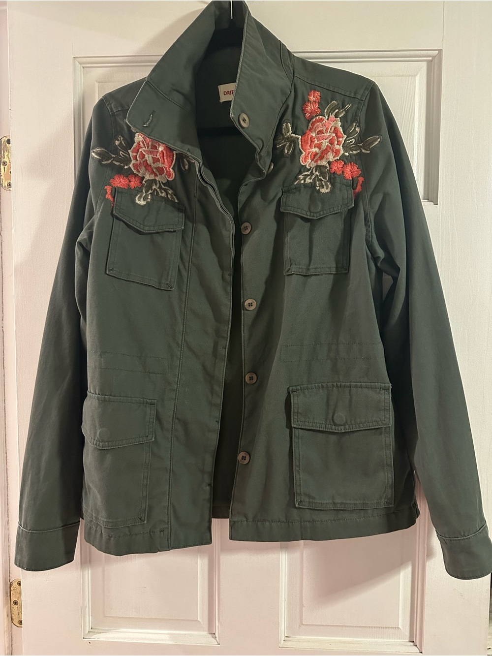 DRIFTWOOD Anthropologie Olive Green Utility Jacket with Floral Embroidery Size M - Picture 2 of 9